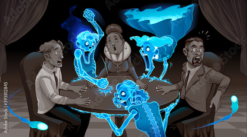 We are not dead. Cartoon representation of a seance. Vector illustration.