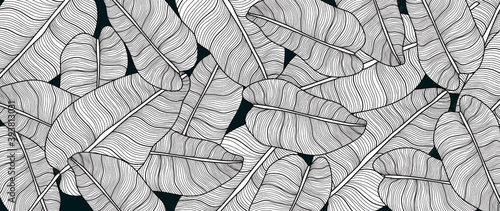 Luxury nature line art ink drawing background vector. Botanical leaves, Canna leaves, banana leaf, and Tropical floral pattern  vector illustration.