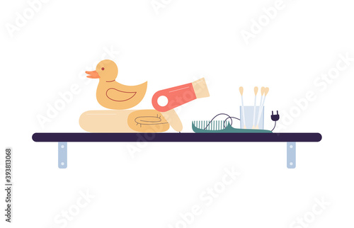 Bathroom accessories and supplies on shelf flat vector illustration isolated.