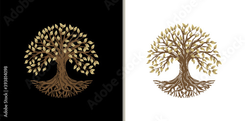 Tree of Life or Luxury Gold Tree and roots vector with round shape.