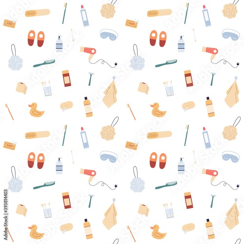 Seamless pattern with bathroom cosmetic products flat vector illustration.