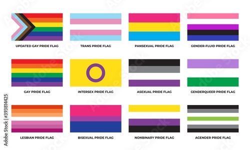 LGBTQ+ sexual identity pride flags collection. Flag of gay, transgender, bisexual, lesbian etc. 