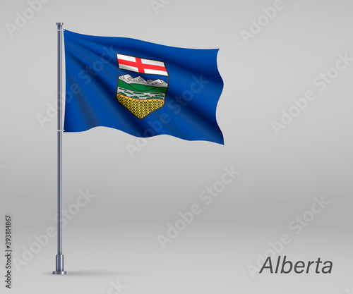 Waving flag of Alberta - province of Canada on flagpole. Template for independence day poster design