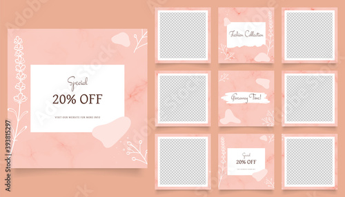 social media template banner fashion sale promotion. fully editable instagram and facebook square post frame puzzle organic sale poster. peach pink brown color vector background