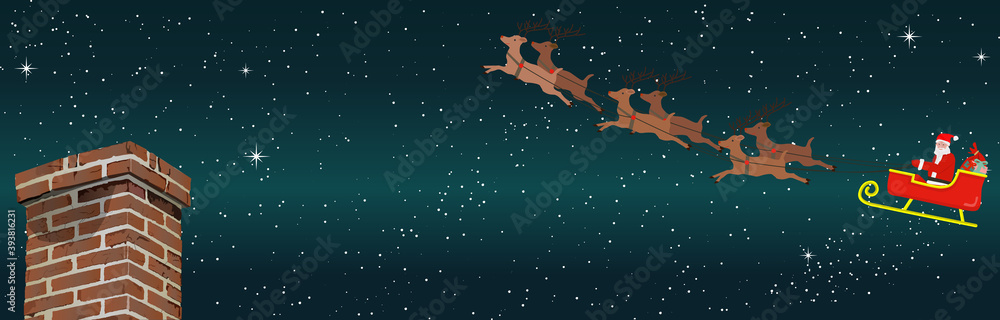 Santa on a reindeer sleigh flying in the starry sky,
Brick chimney, Christmas, night, web banner, web header, footer, flier, blue, frame, copy space, vector illustration, graphic, landscape,	
