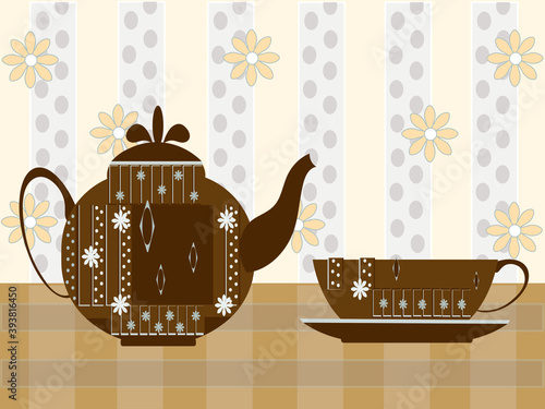 Stylized brown teapot and cup with geometric patterns. Vector illustration for kitchen wallpaper and other design.