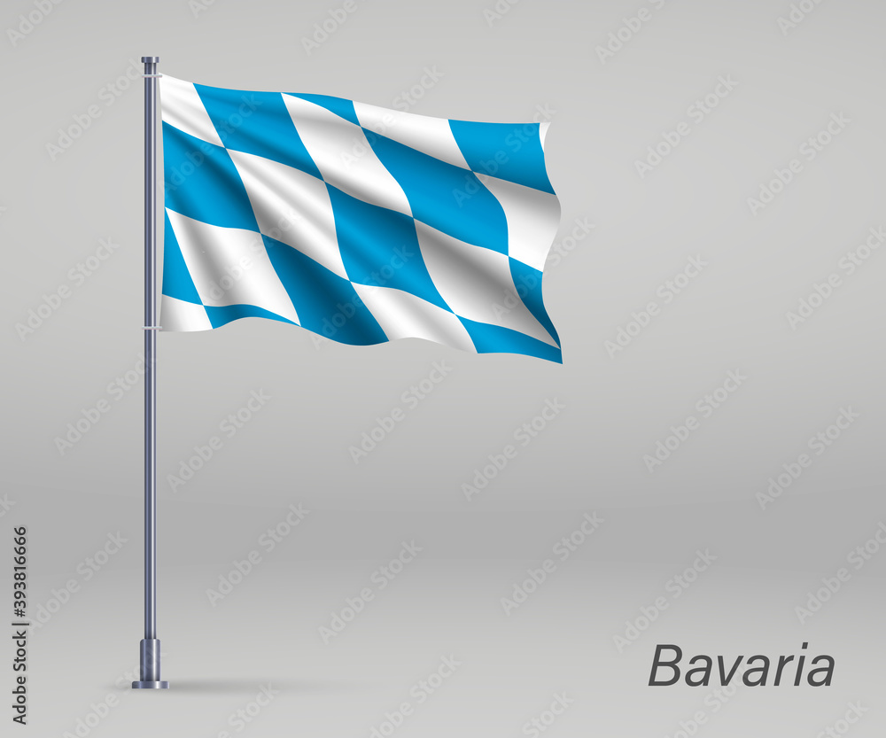 Waving flag of Bavaria - state of Germany on flagpole. Template for independence day poster design