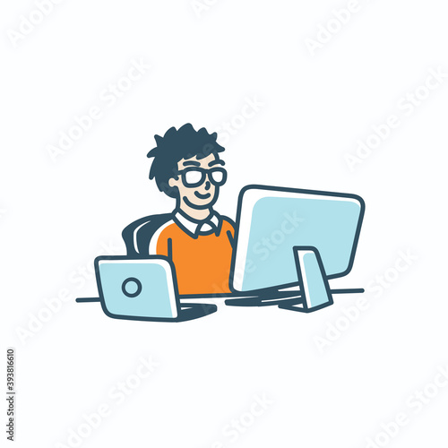 IT guy do hard working with messy hair illustration