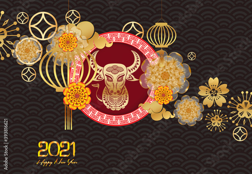 Happy new year 2021 of the ox. Zodiac sign for greetings card, invitation, posters, brochure, calendar, flyers, banners © Big Pearl