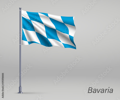 Waving flag of Bavaria - state of Germany on flagpole. Template for independence day poster design