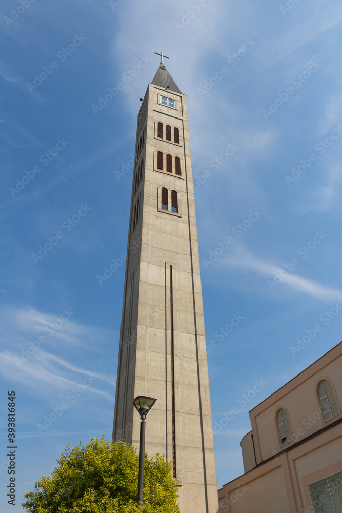 The bell tower of the Franciscan Church of Peter and Paul in Mostar. Bosnia and Herzegovina