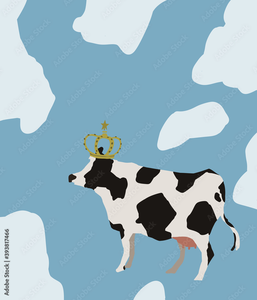 頭に王冠をのせた牛 背景カラーブルー 牛柄 Stock Illustration Adobe Stock