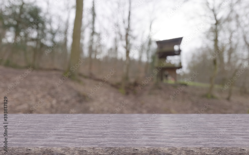 Dark wood Table Top with forest background. Paintball or hunting theme mockup for product display.