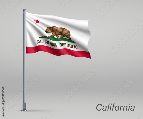 Waving flag of California - state of United States on flagpole. Template for independence day poster design photo