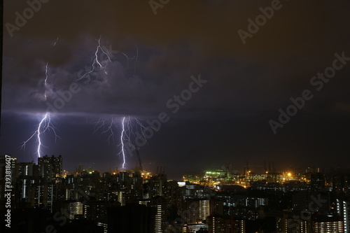 Lightning strike over port of Singapore