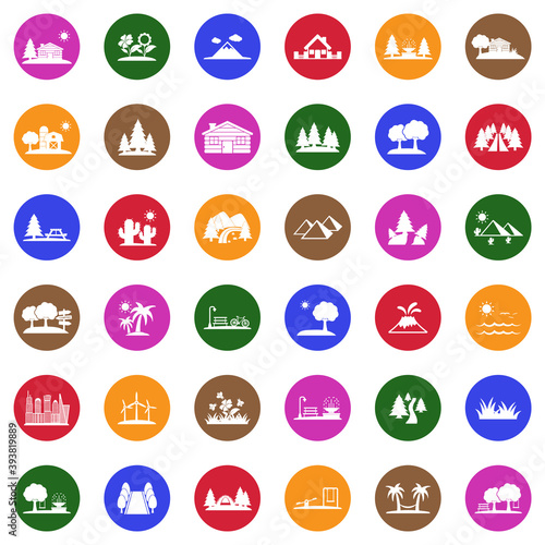 Landscape Icons. White Flat Design In Circle. Vector Illustration.