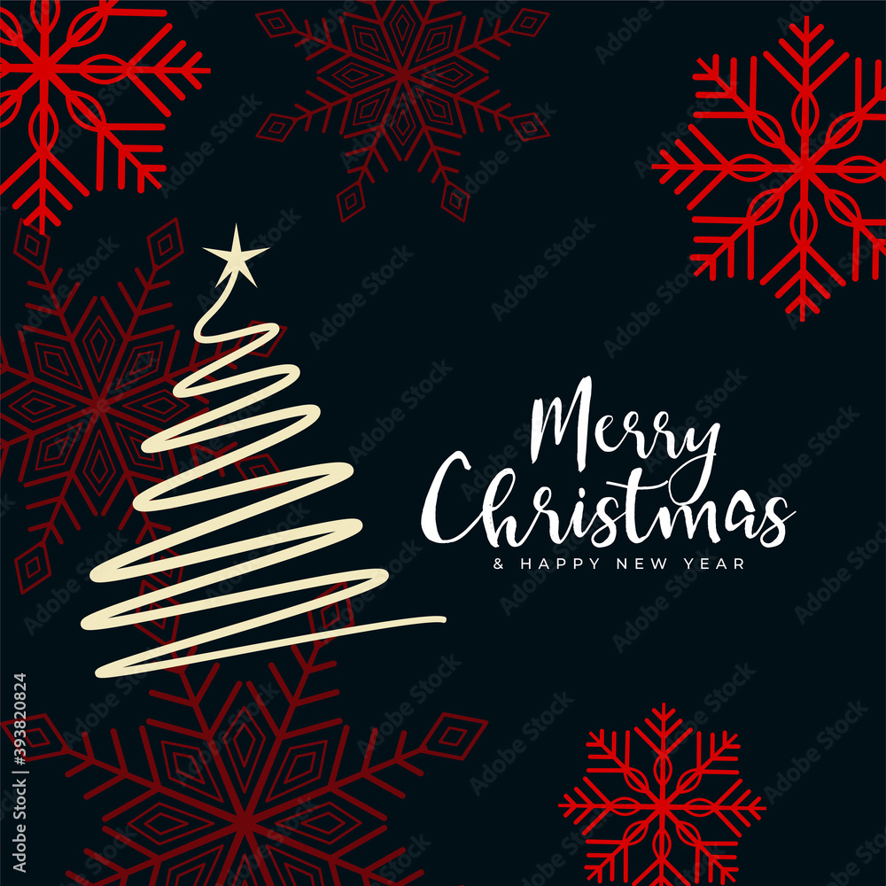 flat style merry christmas tree and snowflakes background