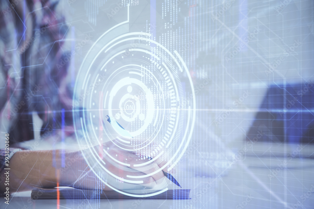 Double exposure of woman's writing hand on background with data technology hud. Big data concept. Double exposure of woman's writing hand on background with data technology hud. Big data concept.