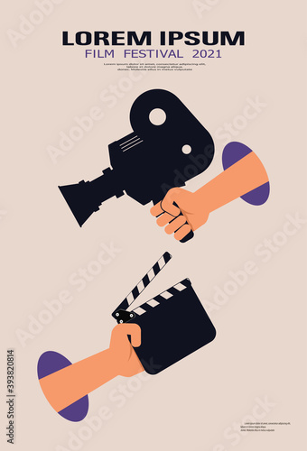 Cinema background for film festival with retro camera or movie projector and clapperboard in hands for making video cinema in studio. Creative flat design for brochure, banner, flyer, leaflet, poster.