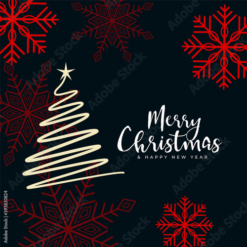 flat style merry christmas tree and snowflakes background