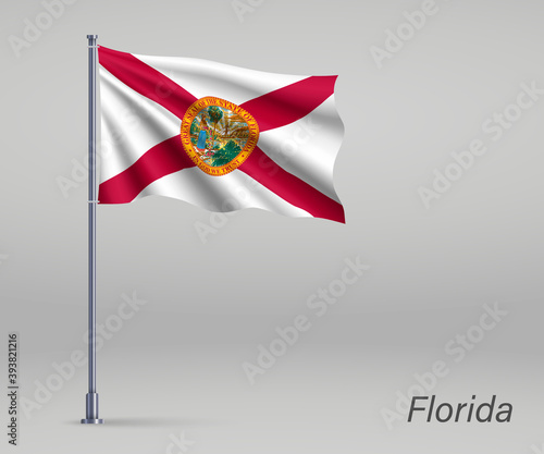 Waving flag of Florida - state of United States on flagpole. Template for independence day poster design