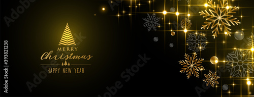 merry christmas shiny sparkles snowflakes golden banner