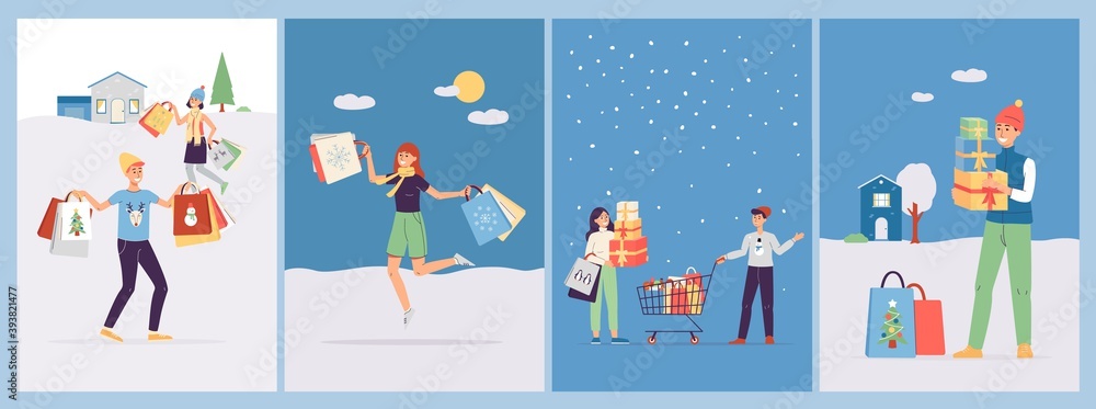 Set of vector posters with happy shoppers with lot of Christmas and New year gifts