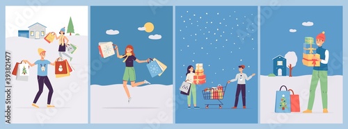 Set of vector posters with happy shoppers with lot of Christmas and New year gifts