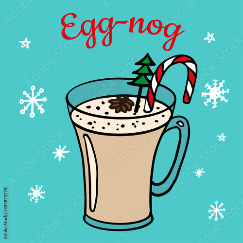 Egg nog line illustration with 
candy cane, christmas tree and star anise isolated on white background. New Year hot drink vector hand drawn illustration for menu, cook book, banners, flyer design. 