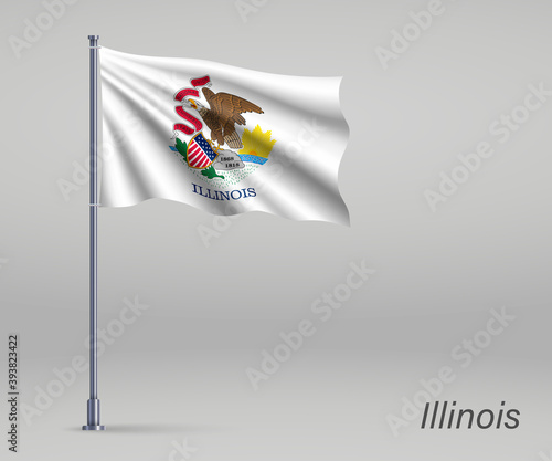 Waving flag of Illinois - state of United States on flagpole. Template for independence day poster design
