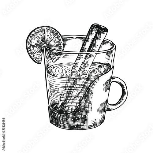 Hand drawn black and white crosshatch vector illustration of a cup of rum toddy, with a lemon slice on the side and a cinnamon stick submerged. No background.