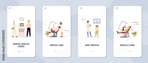 Dental or oral care clinic onboarding pages set of flat vector illustrations.