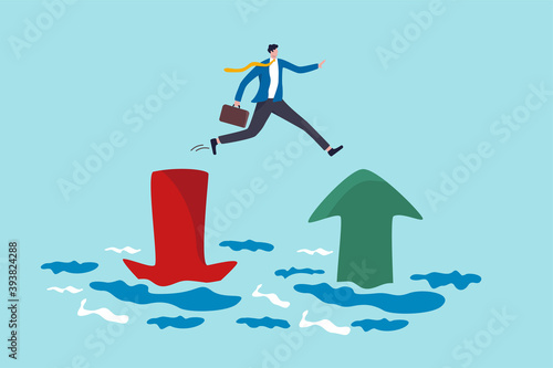 Financial plan, saving and investment or stock market rebound and economic recover concept, confidence businessman investor jump from red pointing down arrow to green rising up.