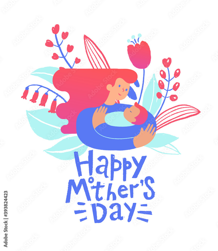 Vector Illustration Of Mother Holding Newborn Baby In Arms. Flowers And Leaves In The Background. Happy Mothers Day Greeting Card Over Blue. Vector Illustration Of Mother Holding Newborn Baby In Arms. Flowers And Leaves In The Background. Happy Mothers Day Greeting Card Over Blue.