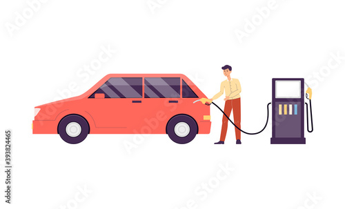 Man refueling car on gasoline station, flat vector illustration isolated.