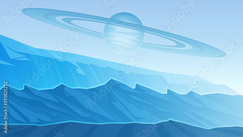 Alien landscape. Global ice age on the planet. Space background. Terraforming of a planet.