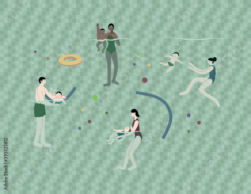Vector flat illustration of infant swimming. Parents support babys in the water. First swim, learn to swim in the pool.