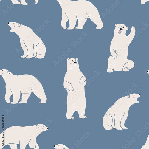 White polar bear on blue background. Cute minimalistic seamless pattern