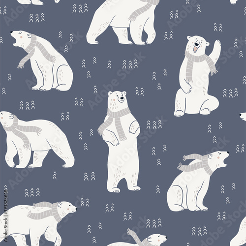 White polar bear on blue background. Cute minimalistic seamless pattern