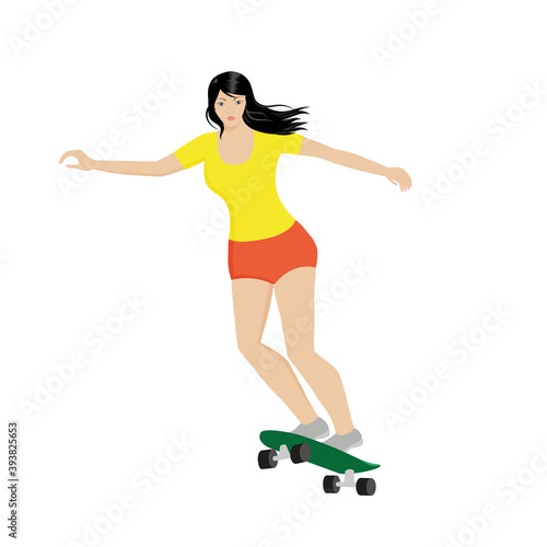 Sport. Young happy woman on skateboard, urban outdoor activity concept