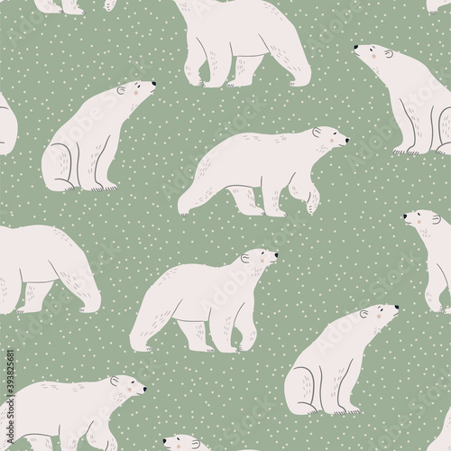 White polar bear on blue background. Cute minimalistic seamless pattern