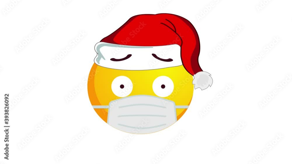 Animation of a confused yellow emoji in santa claus Christmas hat and protective medical mask isolated on white background. Alpha channel. Animation of a confused yellow emoji in santa claus Christmas hat and protective medical mask isolated on white background. Alpha channel.