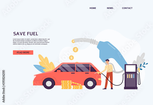 Fuel save website with man refueling at gas station, flat vector illustration.