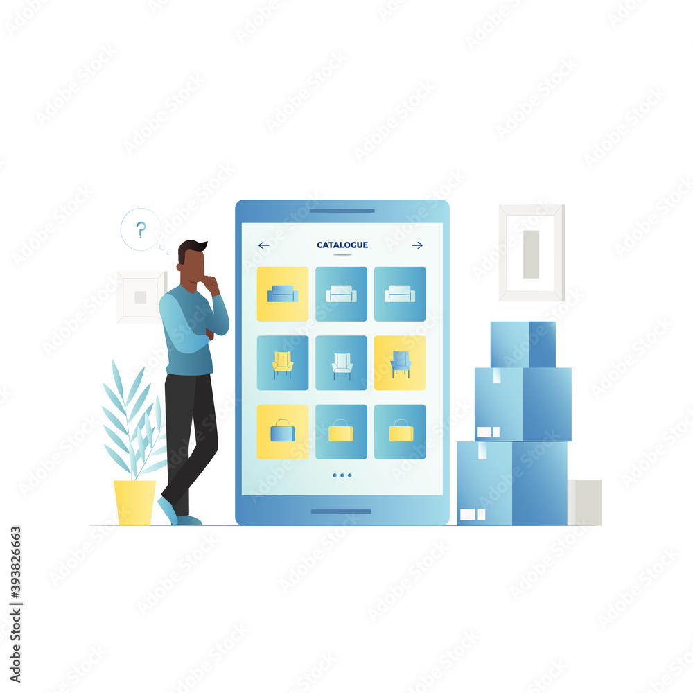 Man selects products in an online store on tablet. Smartphone has an application for online shopping. Person thinks and does not know what to buy at home. Catalog has large selection of products. Man selects products in an online store on tablet. Smartphone has an application for online shopping. Person thinks and does not know what to buy at home. Catalog has large selection of products.