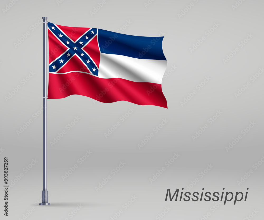 Waving flag of Mississippi - state of United States on flagpole. Template for independence day poster design Waving flag of Mississippi - state of United States on flagpole. Template for independence day poster design