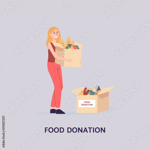 Girl volunteer with cardboard donation boxes full of food a vector illustration.