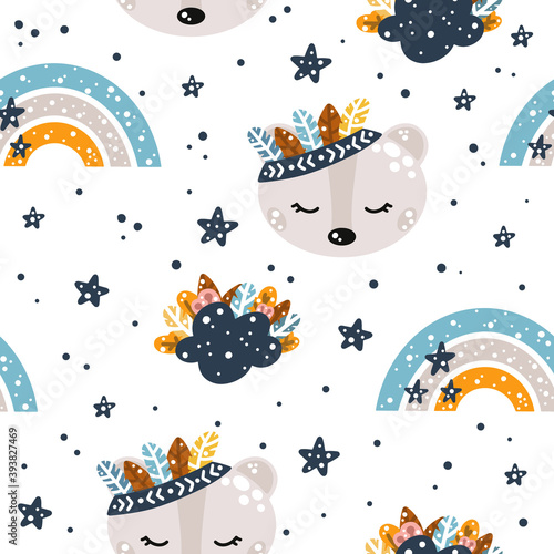 Cute nursery seamless pattern in boho style with bear, clouds, rainbows and feathers with floral elements isolated on white background Scandinavian style vector illustration.