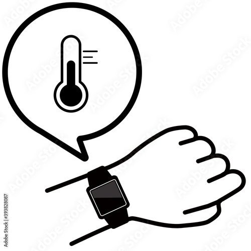 腕のスマートウォッチを確認する様子のベクターイラスト　温度計アイコン