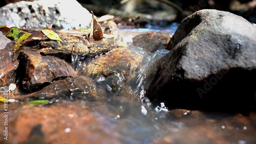 Crystal clear water runs between the rocks. Closeup of crystalline water running between the stones.