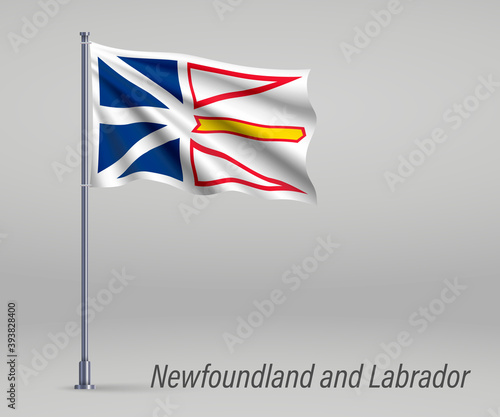 Waving flag of Newfoundland and Labrador - province of Canada on flagpole. Template for independence day poster design
